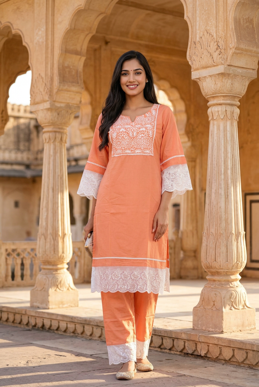 Orange Modal Chikankari Co-ord Set