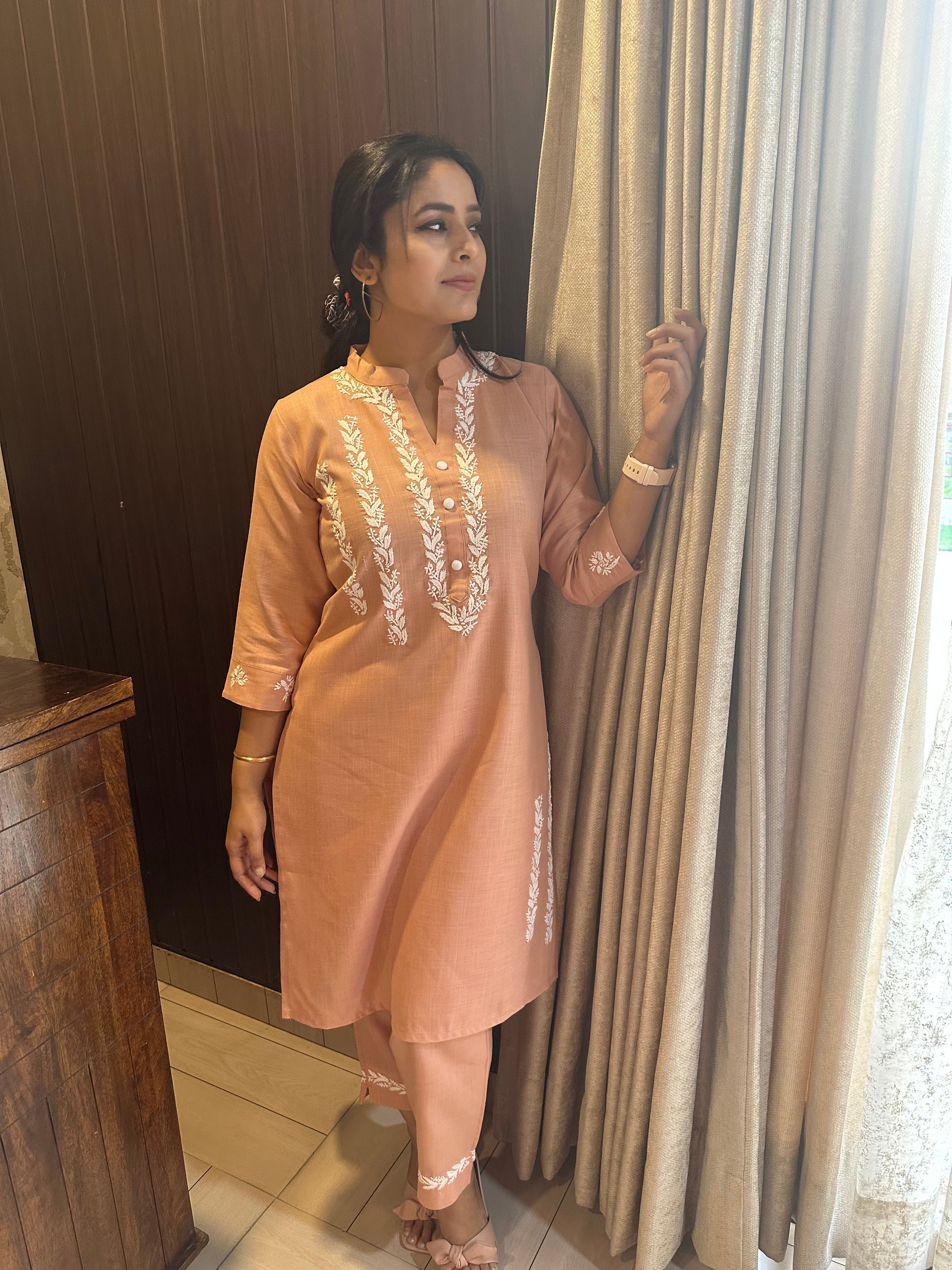 Linen Cotton Mauve Chikankari CO-Ord Set