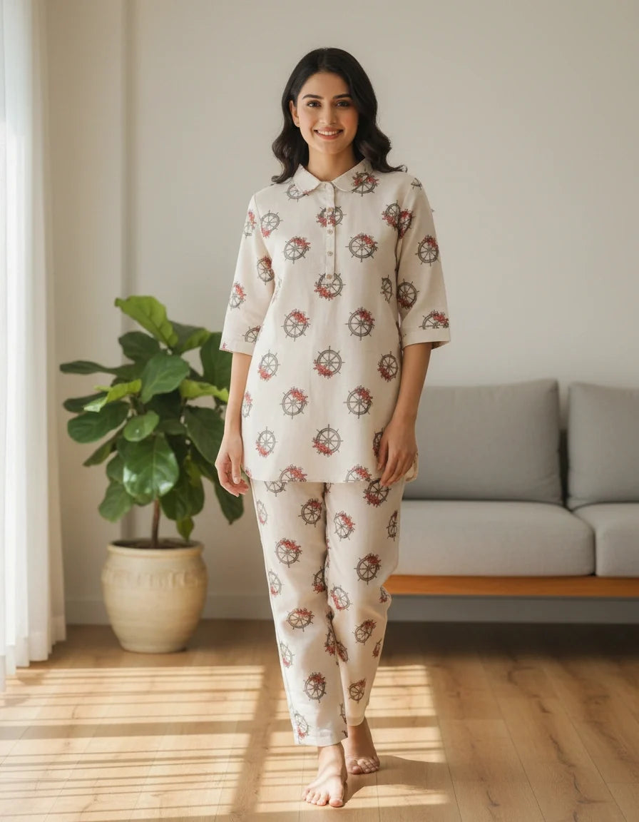 Beige Printed Cotton Co-ord Set