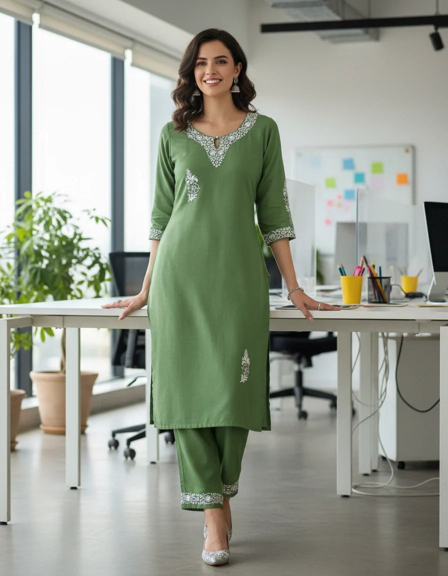 Linen Cotton green Chikankari Co-ord Set