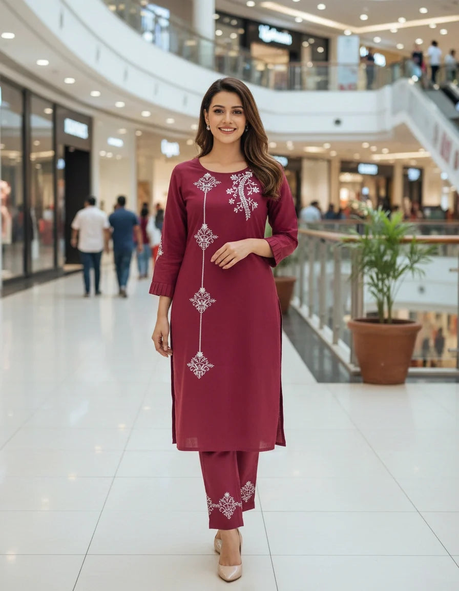 Linen Cotton Maroon Chikankari Co-ord Set