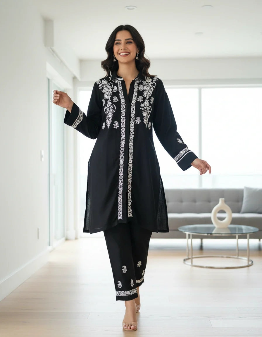 Black Rayon Chikankari Co-ord Set