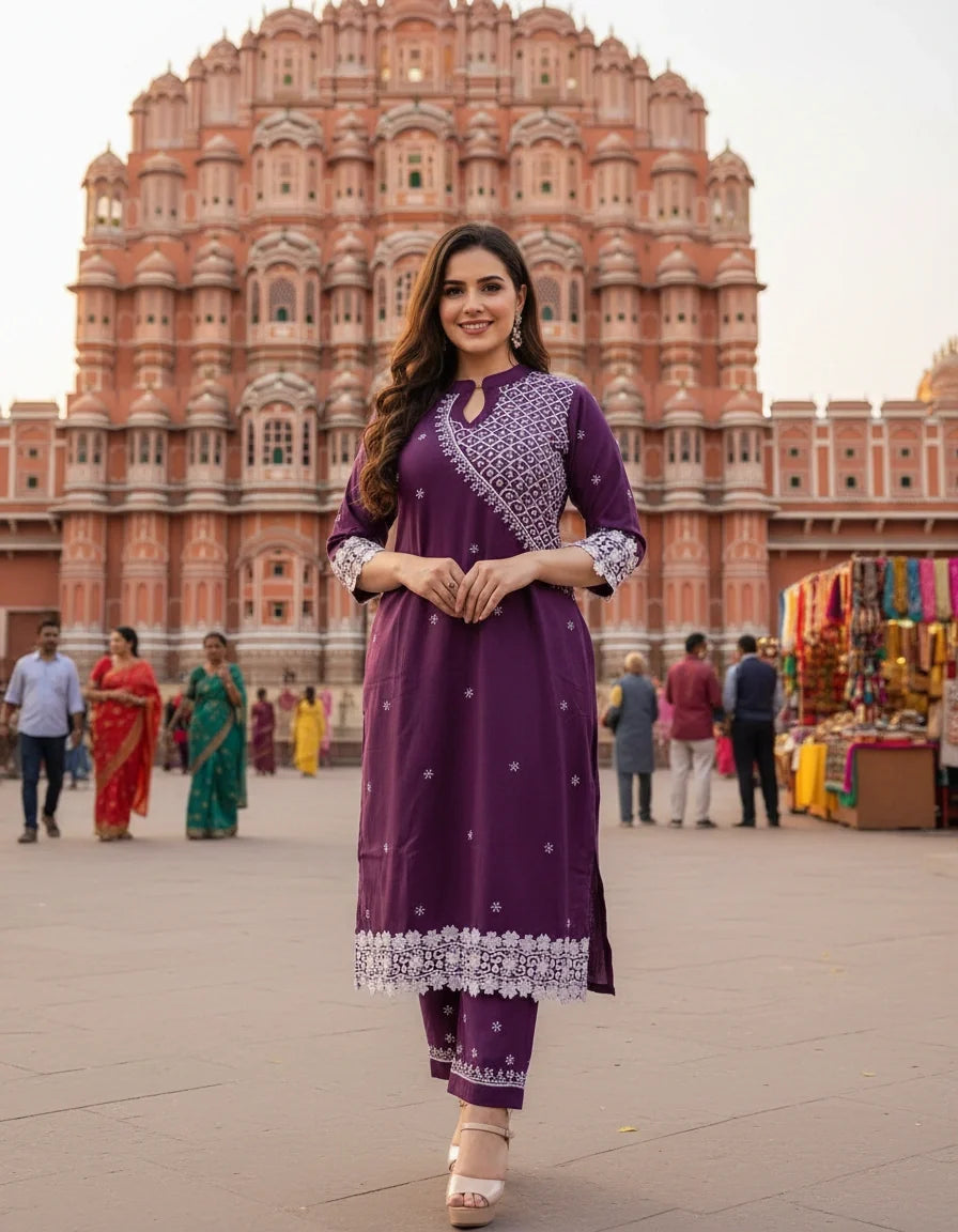 Wine Chikankari Co-Ord Set