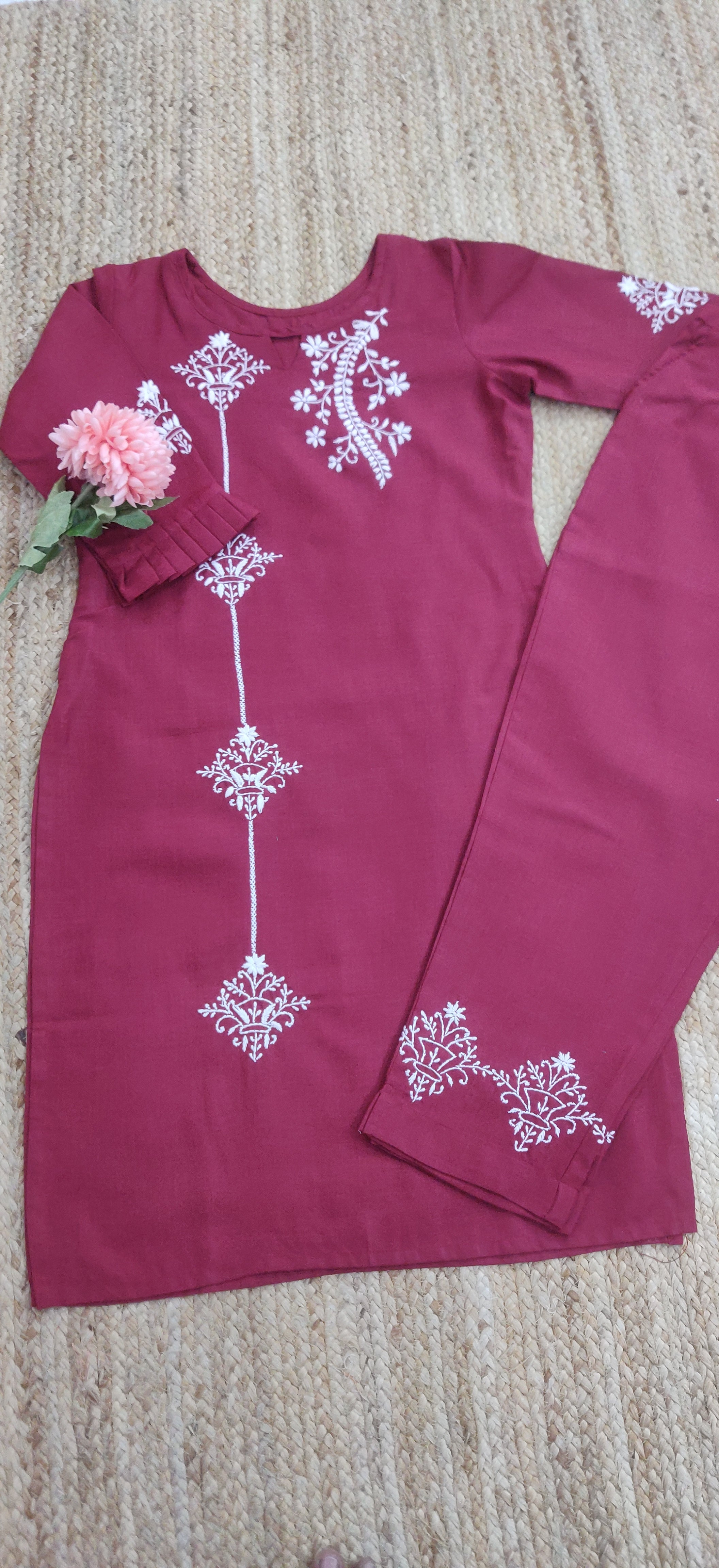 Linen Cotton Maroon Chikankari Co-ord Set