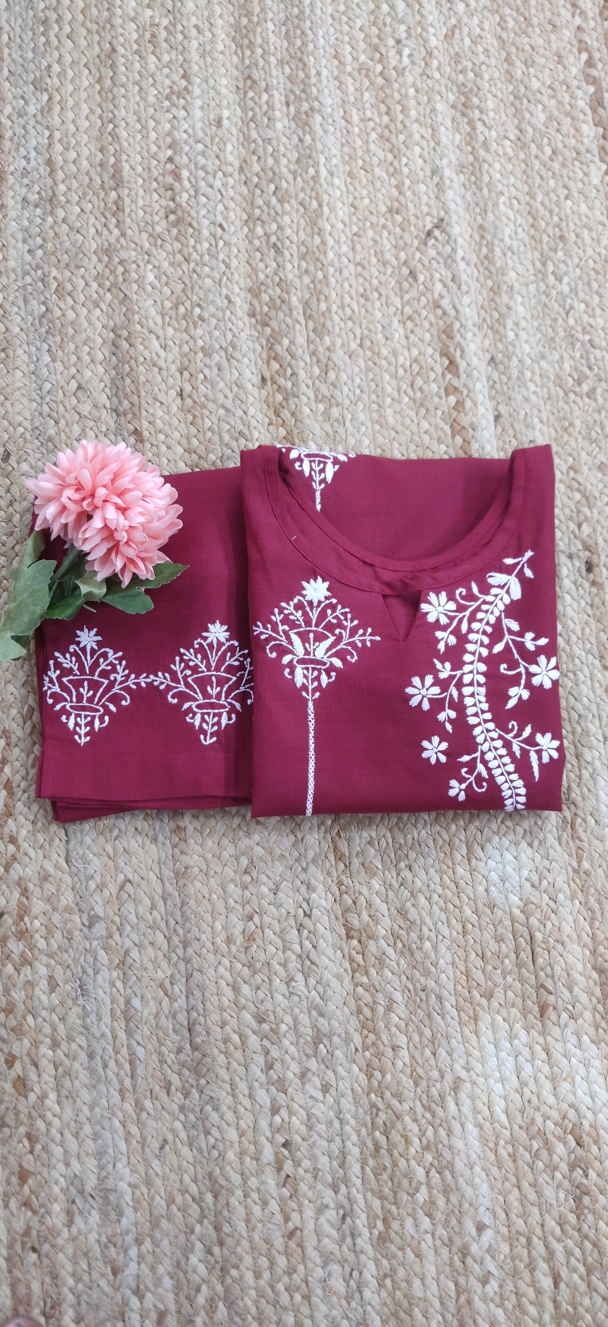 Linen Cotton Maroon Chikankari Co-ord Set
