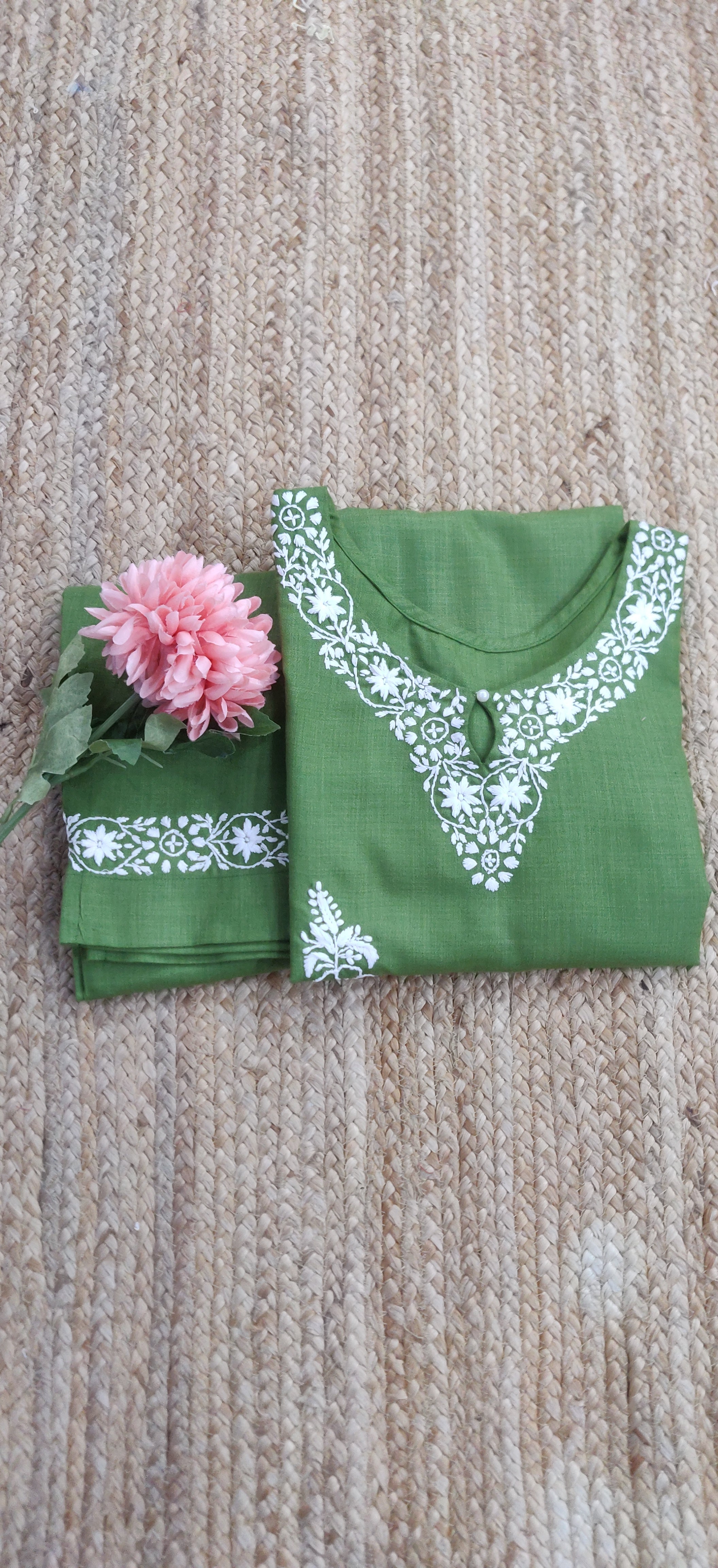 Linen Cotton green Chikankari Co-ord Set