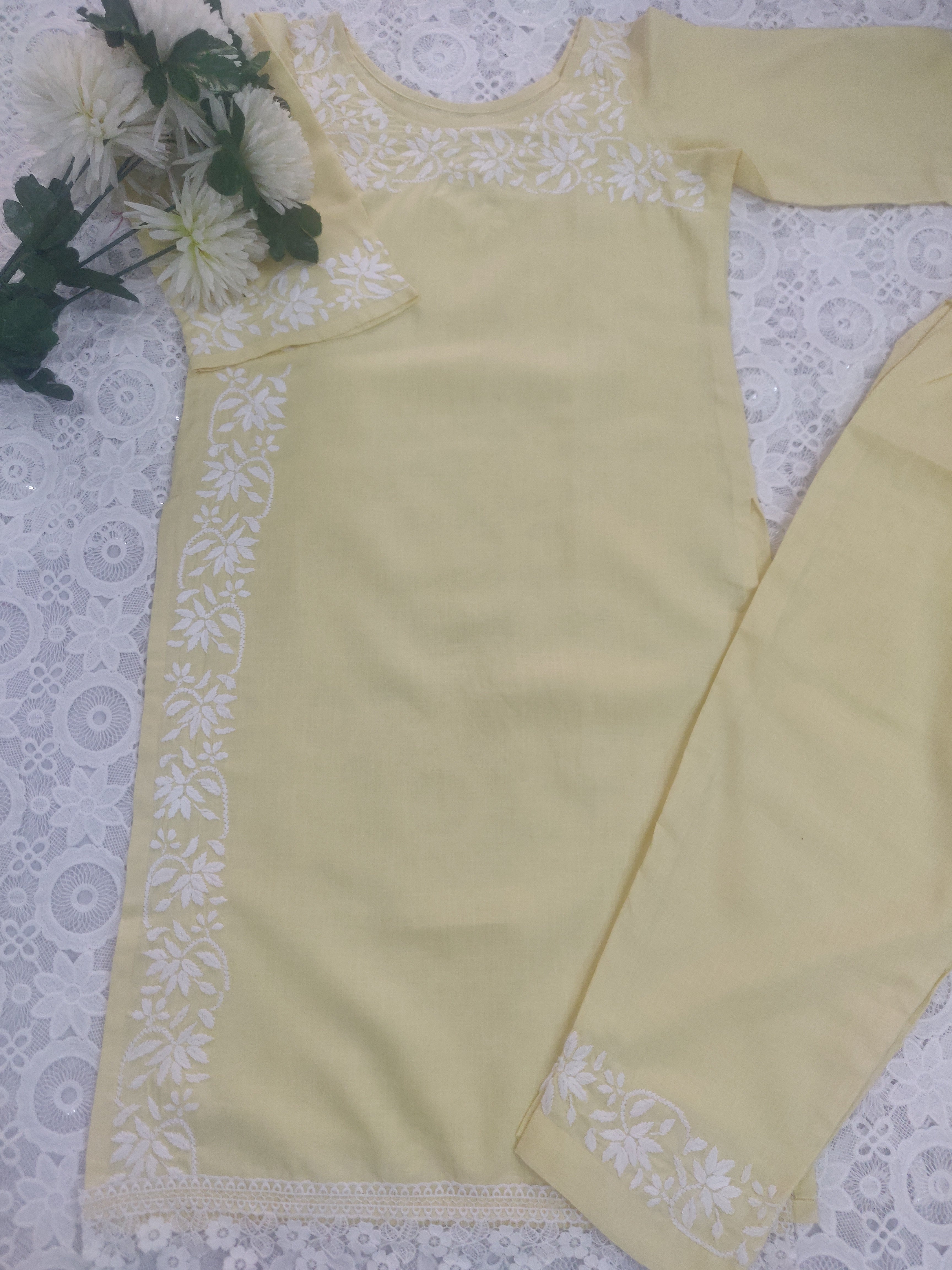 Linen Cotton Light Yellow Chikankari Co-ord Set