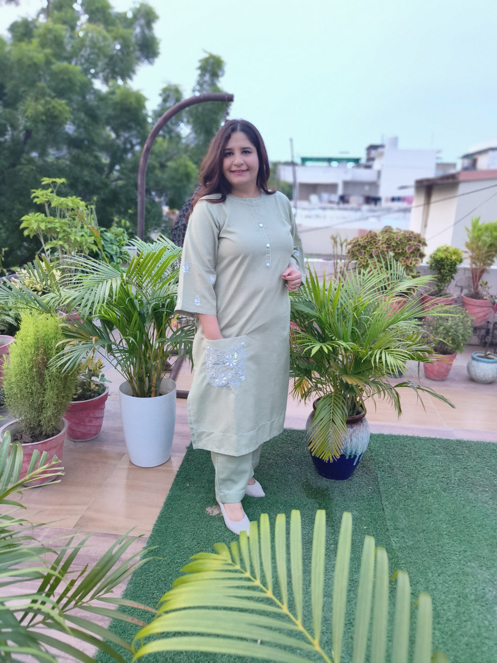 Linen Light Green Chikankari Co-ord Set