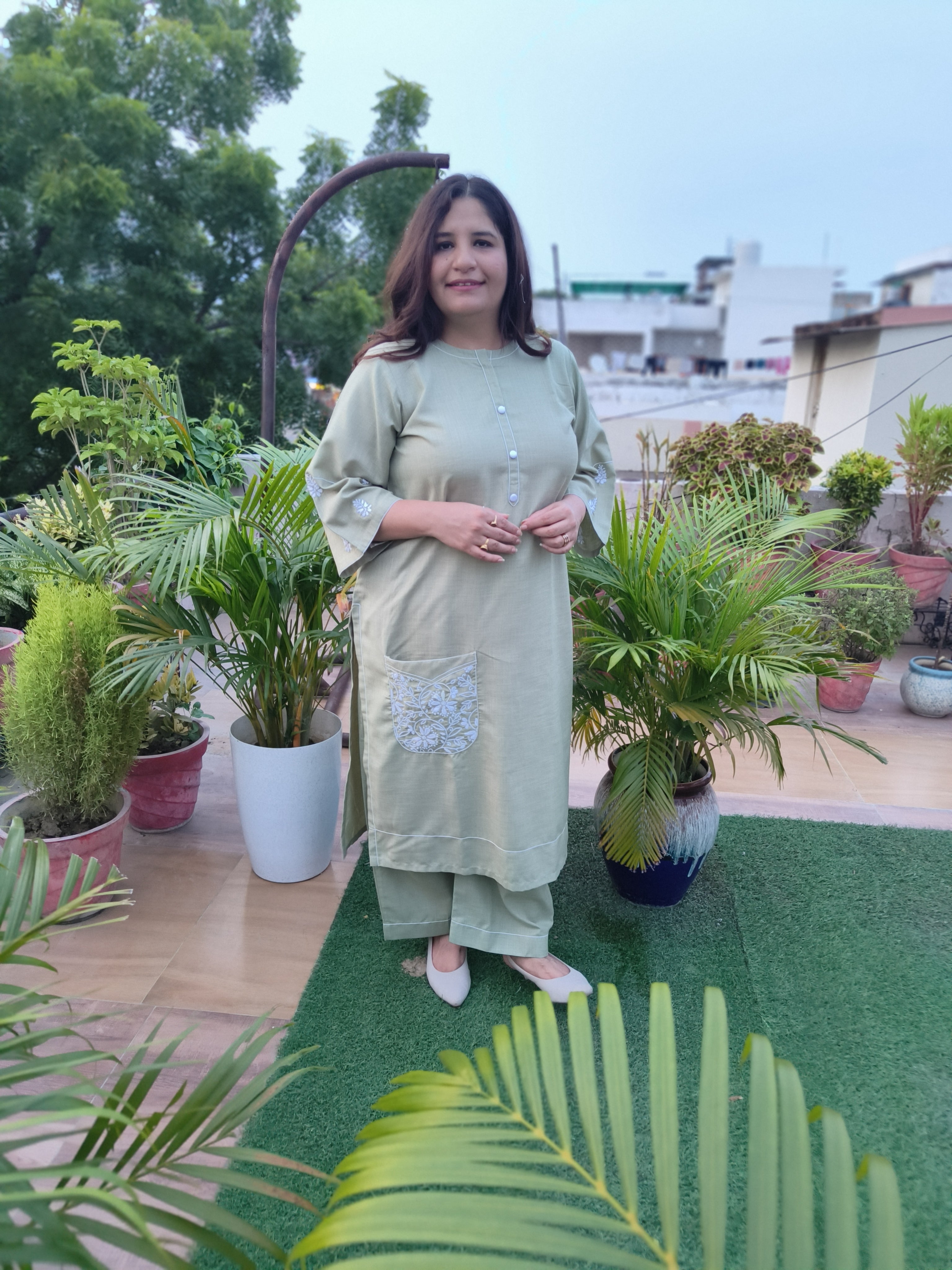 Linen Light Green Chikankari Co-ord Set