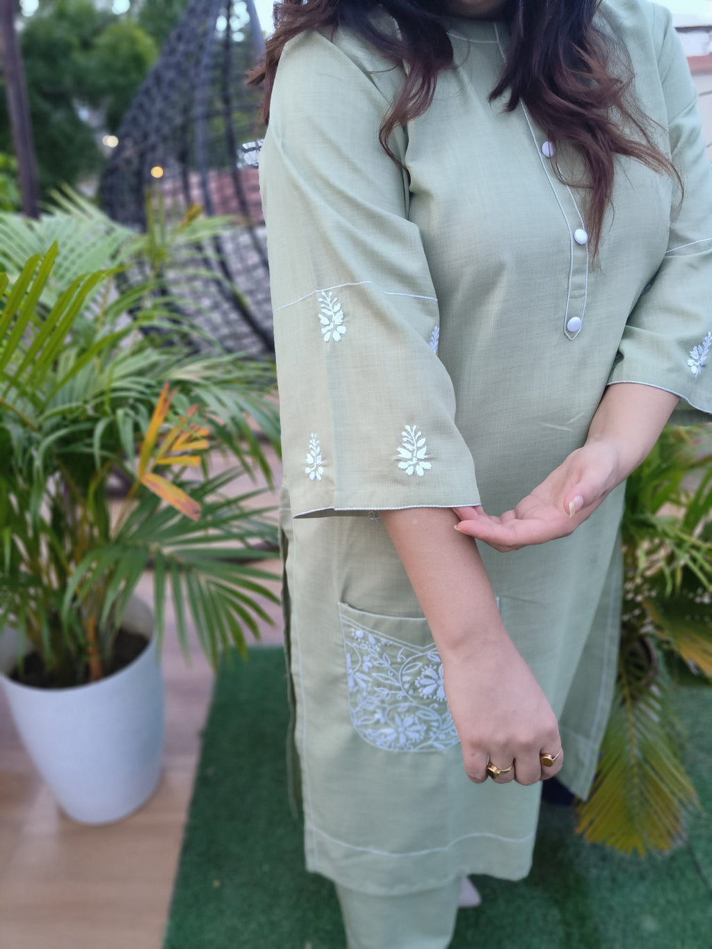 Linen Light Green Chikankari Co-ord Set