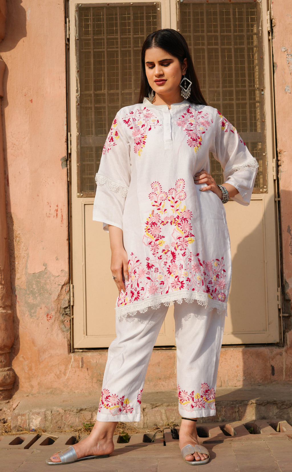 White Chanderi Chikankari Co-ord Set
