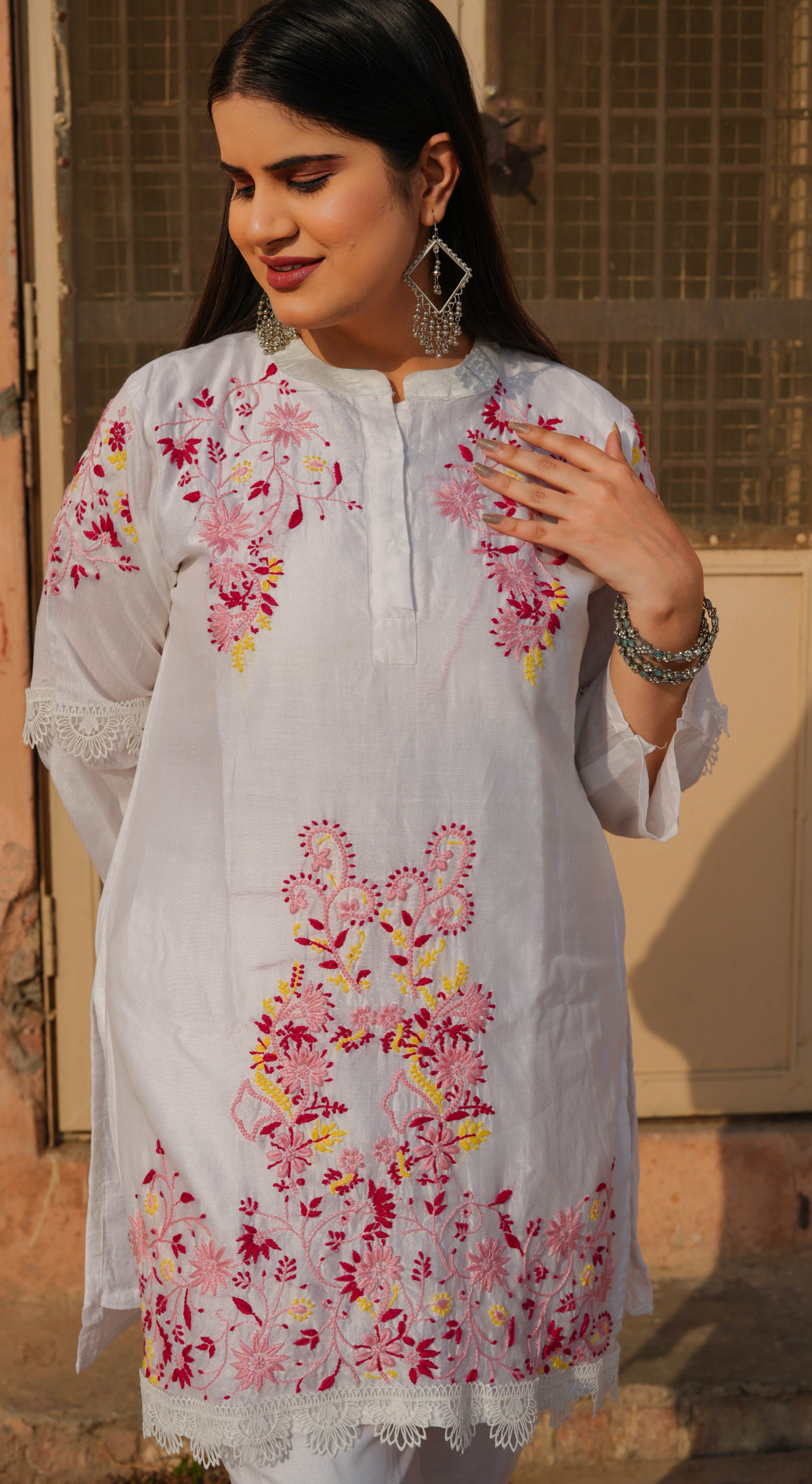White Chanderi Chikankari Co-ord Set