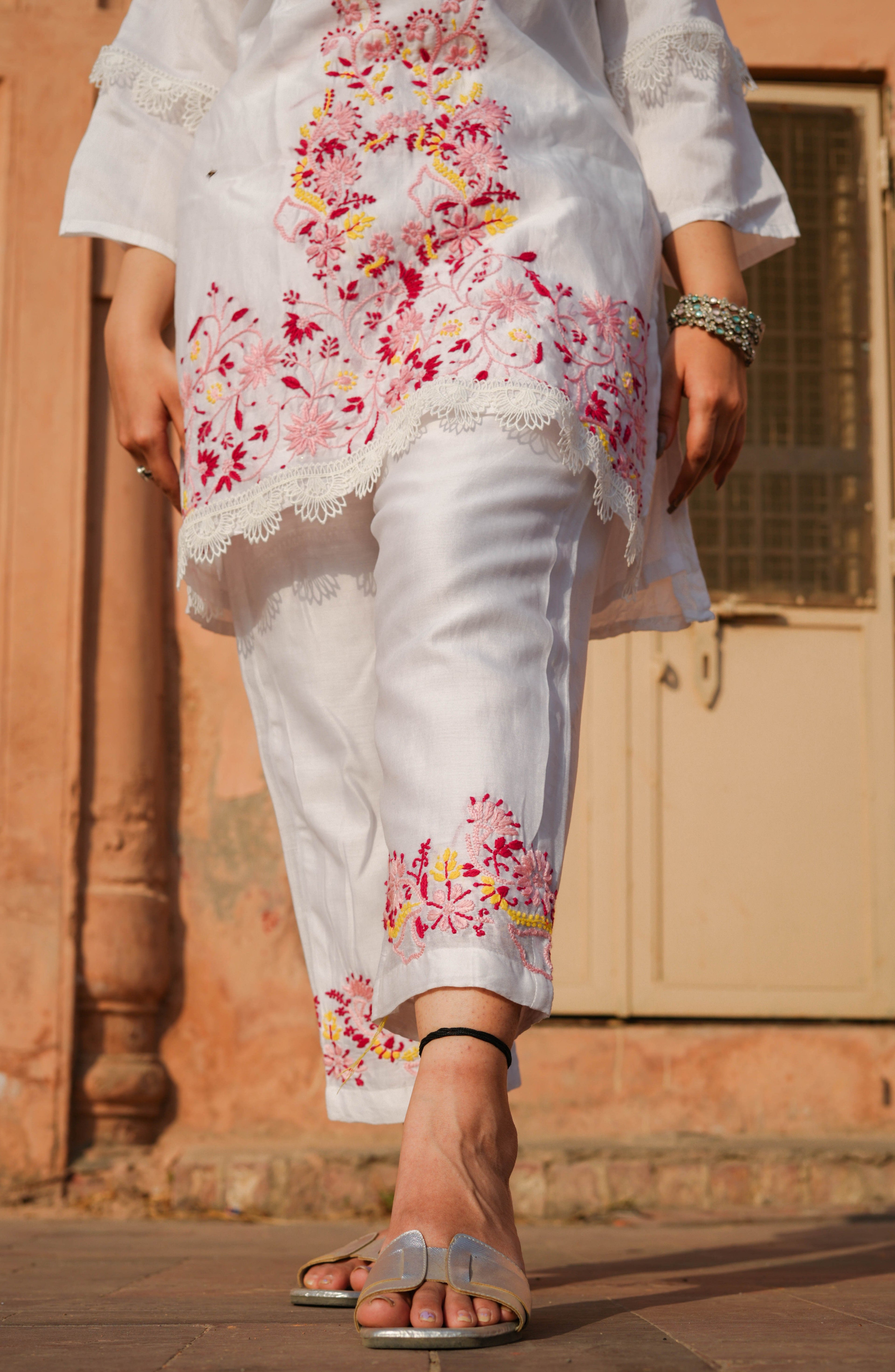 White Chanderi Chikankari Co-ord Set