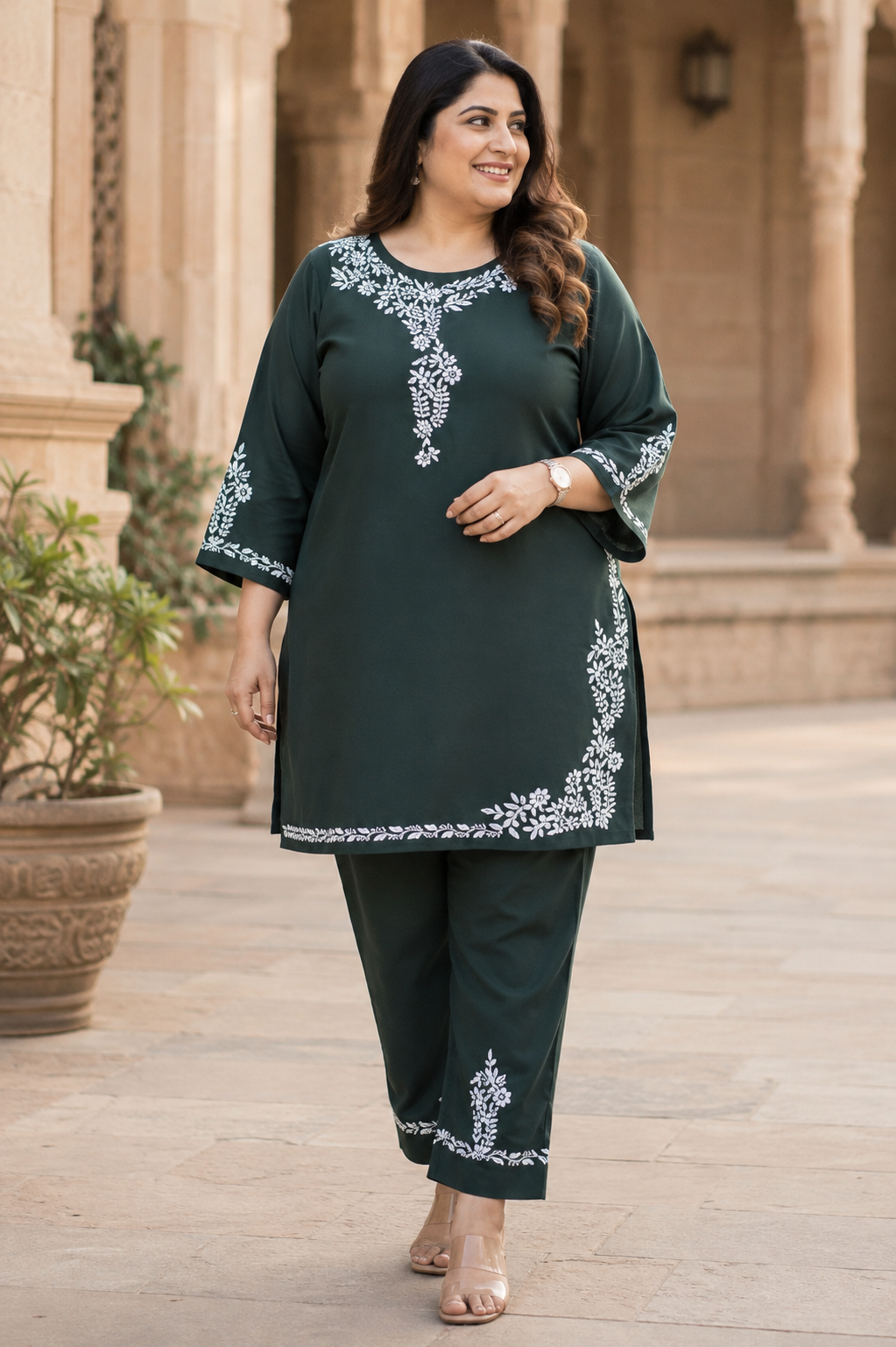 Dark Green Chikankari Co-Ord Set